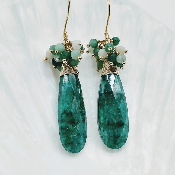 Natural Faceted Emerald Cluster Earrings - Picture 7 of 8